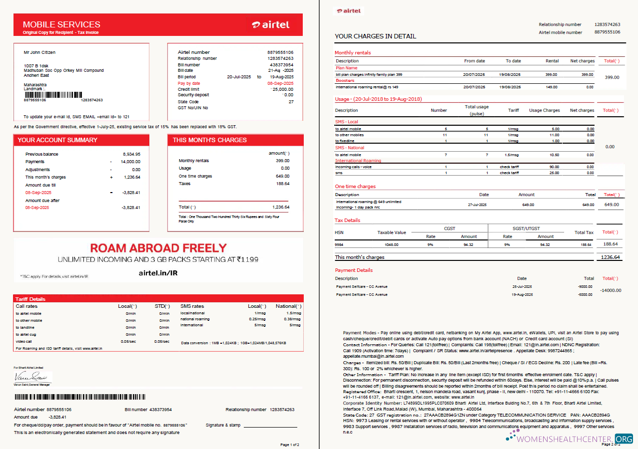 download download India airtel utility bill template in Word and PDF formats, 2 pages PDF template PDF template